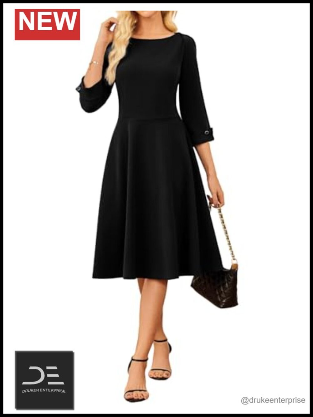 Work Dress Fit and Flare Midi 3/4 Sleeve A-Line Boat Neck Pocket